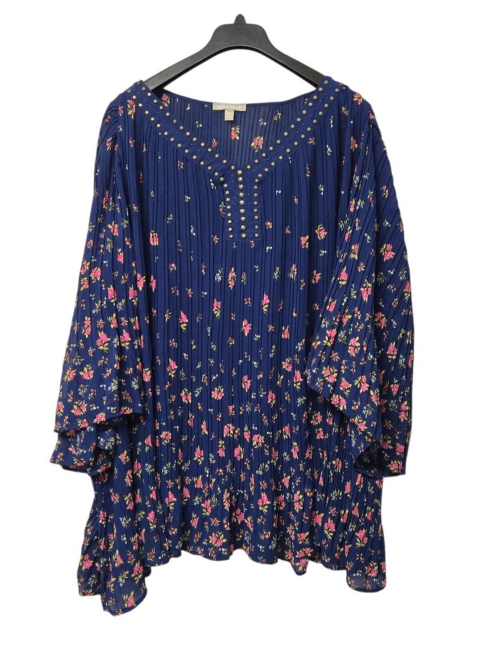 Woman Within  Womens 6X Floral Print Pleated Tunic Top V Neck Flare Sleeve Boho